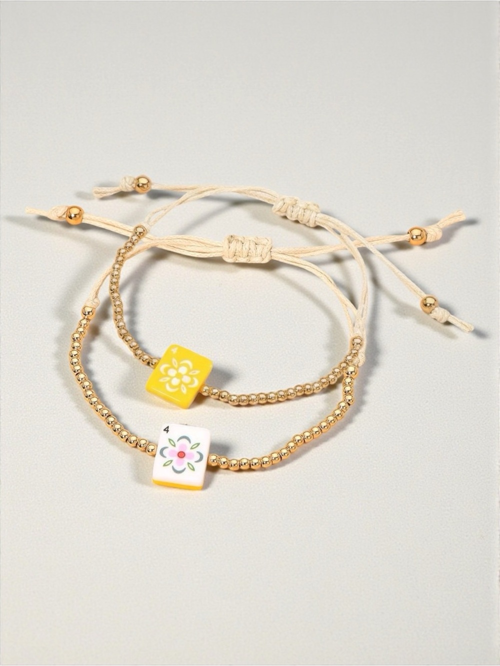 Mahjong Flower Tile Beaded Bracelet Gold Adjustable NWT